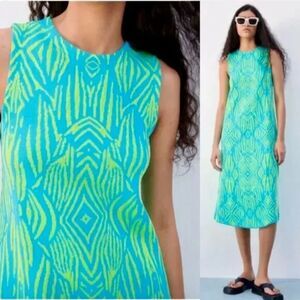 ZARA Jacquard Knit Midi Dress Size Small Green Blue Sleeveless (Orig. $89)